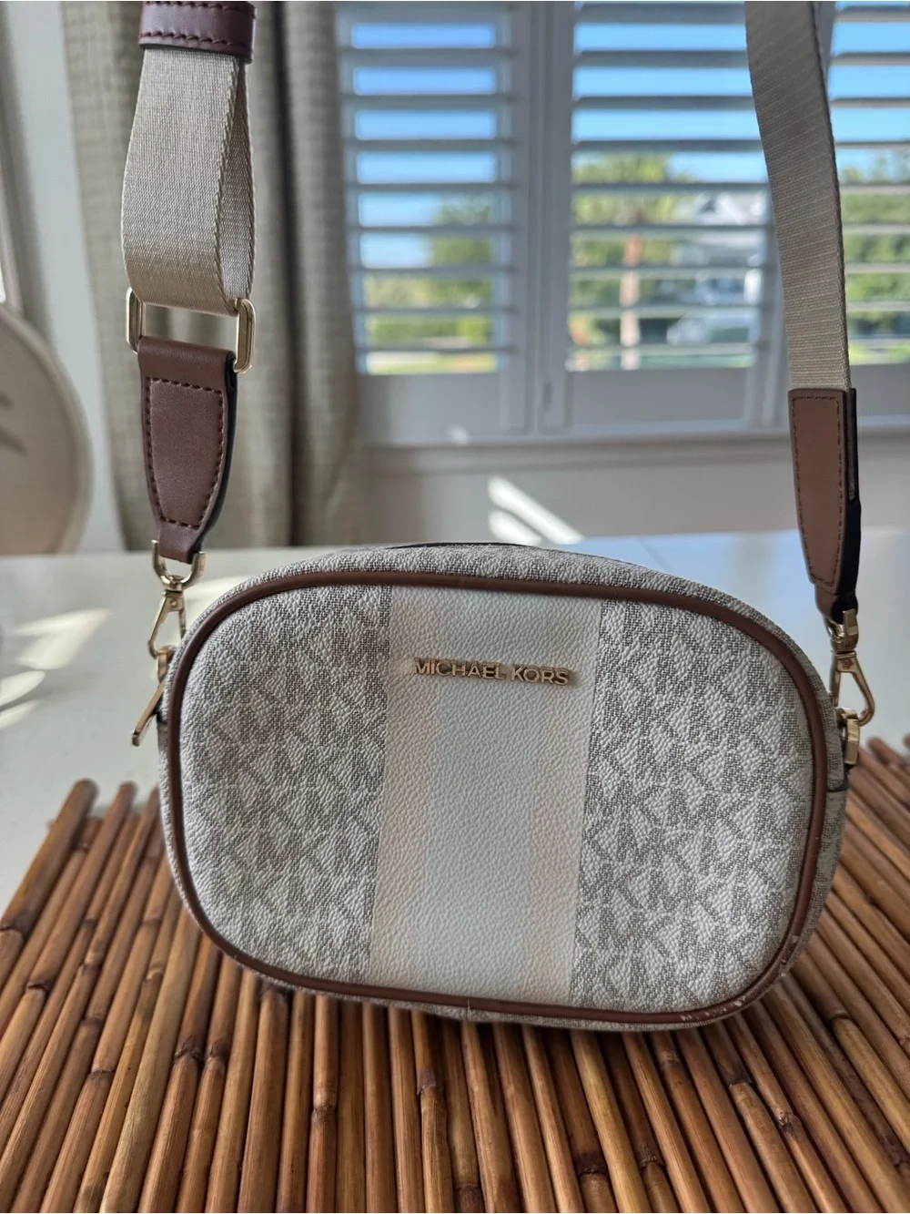 Michael Kors Cream and Brown Logo Crossbody Bag